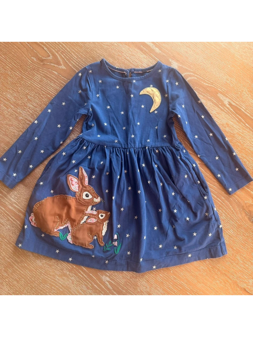 Mini Boden Girls 4-5Y Rabbit Moon Star Appliqué Cotton Dress